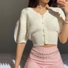 Puff-sleeve Button-up Cropped Knit Top