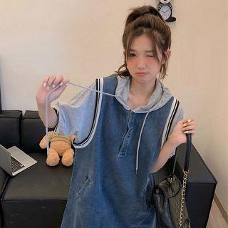 Short-sleeve Panel Denim A-line Dress Denim - One Size