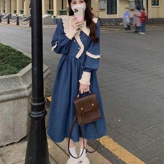 Puff-sleeve Ruffled Collared Midi A-line Dress Blue - One Size