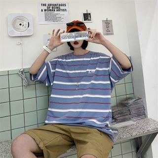 Elbow-sleeve Striped Logo T-shirt