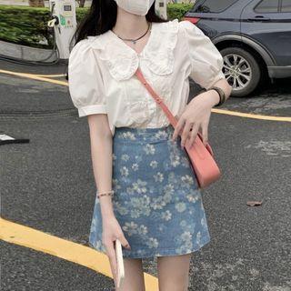 Short-sleeve Blouse / Denim Mini Skirt