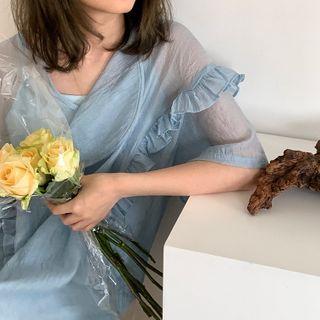 Set: Ruffled Elbow-sleeve Midi A-line Dress + Slipdress