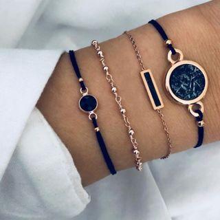 Set Of 4: Marble Print Disc / Alloy Bar Bracelet (assorted Designs) Set Of 4 - As Shown In Figure - One Size