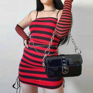 Set: Spaghetti Strap Striped Drawstring Mini Bodycon Dress + Arm Sleeves