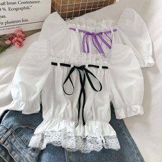 Bow Accent Lace Panel Puff-sleeve Blouse