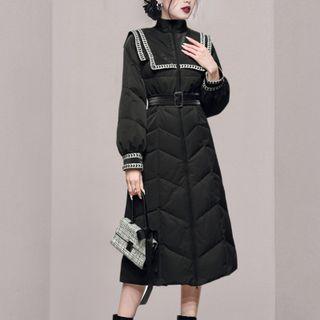Long-sleeve Quilted Belted Midi A-line Dress