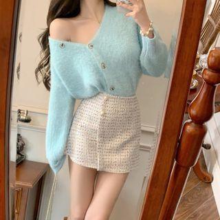 Fluffy Cardigan / Tweed Mini Skirt