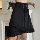 High-waist Lace-up Irregular-hem Ruffled-trim Midi Skirt
