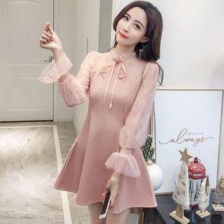 Mesh Panel Tie-neck Mini A-line Dress