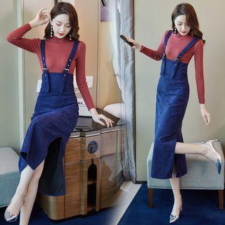 Set: Knit Top + Corduory Midi Pinafore Dress