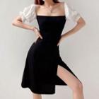 Two-tone Panel Puff-sleeve Slit Midi A-line Dress