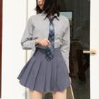 Long-sleeve Shirt / Mini A-line Pleated Skirt / Tie