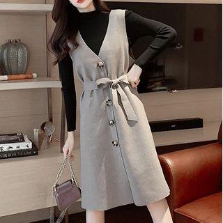 Set: Plain Long-sleeve Knit Top + Tie-waist Jumper Dress