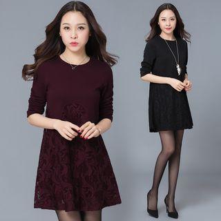 Long-sleeve Lace-panel Mini A-line Dress