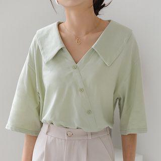 V-neck Elbow-sleeve Polo Shirt / Denim A-line Skirt