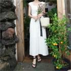 Shirred-sleeve Linen Blend Midi Dress