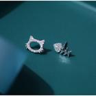 Non-matching 925 Sterling Silver Rhinestone Cat & Fish Bone Earring 1 Pair - Silver - One Size