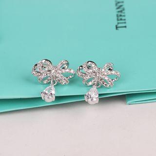 Rhinestone Bow Drop Earring 1 Pair - Silver - One Size