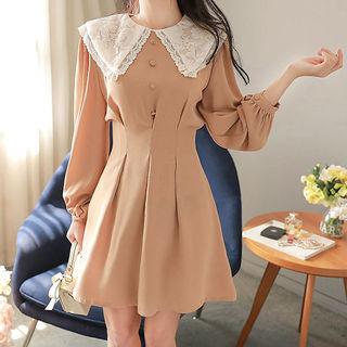 Buttoned Lace-collar Pleated-waist Dress