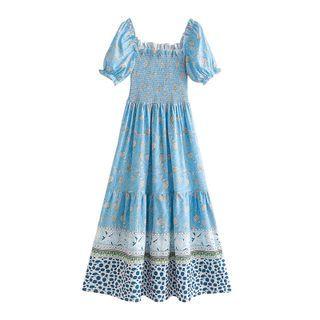 Puff-sleeve Print Maxi A-line Dress