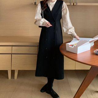 Plain Band-neck Blouse / Sleeveless Midi Dress