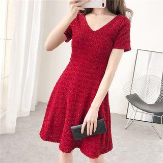 Textured V-neck A-line Dress