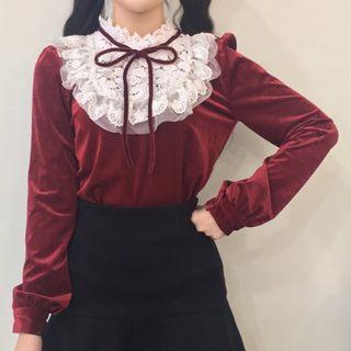 Crochet Lace Panel Velvet Blouse Red - One Size