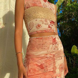 Set: Lace Panel Floral Print Crop Tank Top + Mini Skirt