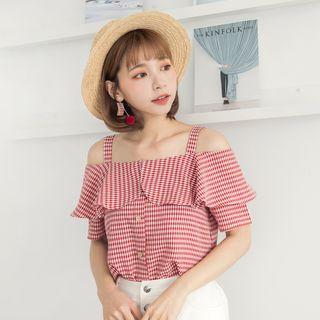 Short-sleeve Cold-shoulder Plaid Blouse