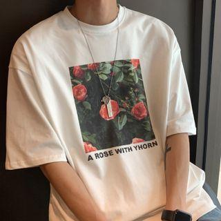 Elbow Sleeve Rose Print Oversized Tee