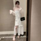 Ruffle Trim Strappy Midi A-line Dress White - One Size