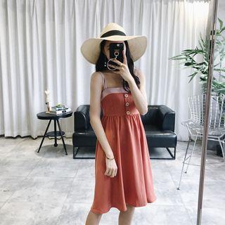 Contrast Trim Buttoned Spaghetti Strap Dress