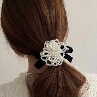 Flower Faux Pearl Hair Tie Black & White - One Size