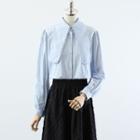 Puff-sleeve Tie-neck Blouse / Midi A-line Skirt / Argyle Print Sweater Vest