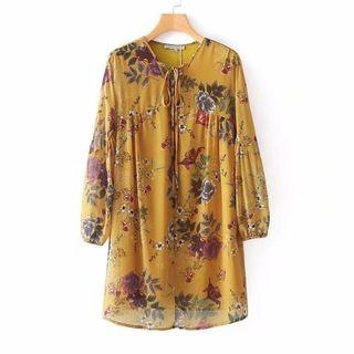 Long-sleeve Lace-up Printed Dress