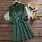 Long-sleeve Embroidered Corduroy A-line Dress