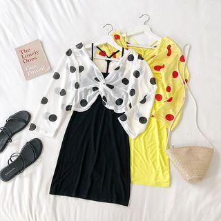 Set Of 2: Dotted Long-sleeve Cropped Top + Plain Slipdress