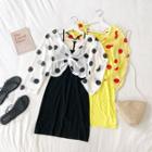 Set Of 2: Dotted Long-sleeve Cropped Top + Plain Slipdress