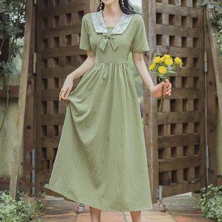 Short-sleeve Sailor Collar Bow Dotted Midi A-line Dress