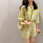 3/4-sleeve Patterned Wide-leg Playsuit Yellow - One Size