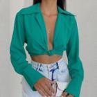 Long Sleeve V-neck Knotted Crop Shirt
