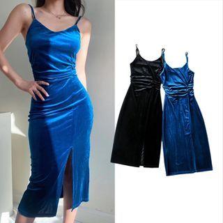 Spaghetti Strap V-neck Velvet Slit Midi Dress