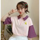 Embroidered Color Block Elbow-sleeve Polo Shirt