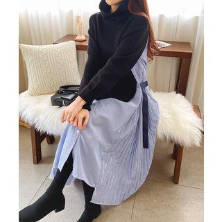Inset Turtle-neck Top Stripe Shirtdress Black - One Size