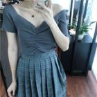 Frilled V-neck Short-sleeve Slim-fit Top