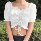 Drawstring Puff-sleeve Ruched Cropped Blouse
