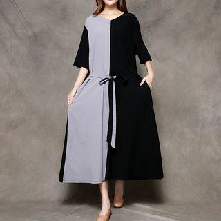 3/4-sleeve Color Block Tie Waist Midi Dress