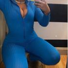 Long-sleeve Zip-up Ribbed Jumpsuit