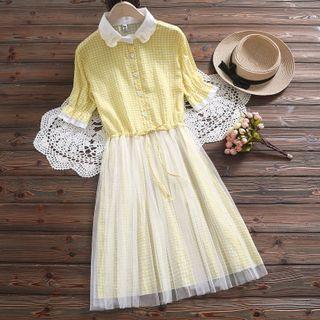 Gingham Short-sleeve Mesh Panel Midi A-line Dress