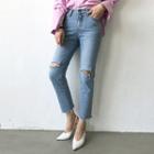 Slit Washed Straight-cut Jeans